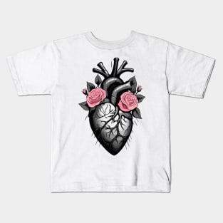 Black and white human heart with roses Kids T-Shirt